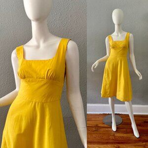 Vintage 70s Yellow Cotton Fit & Flare Rockabilly Pin Up Sun Dress S